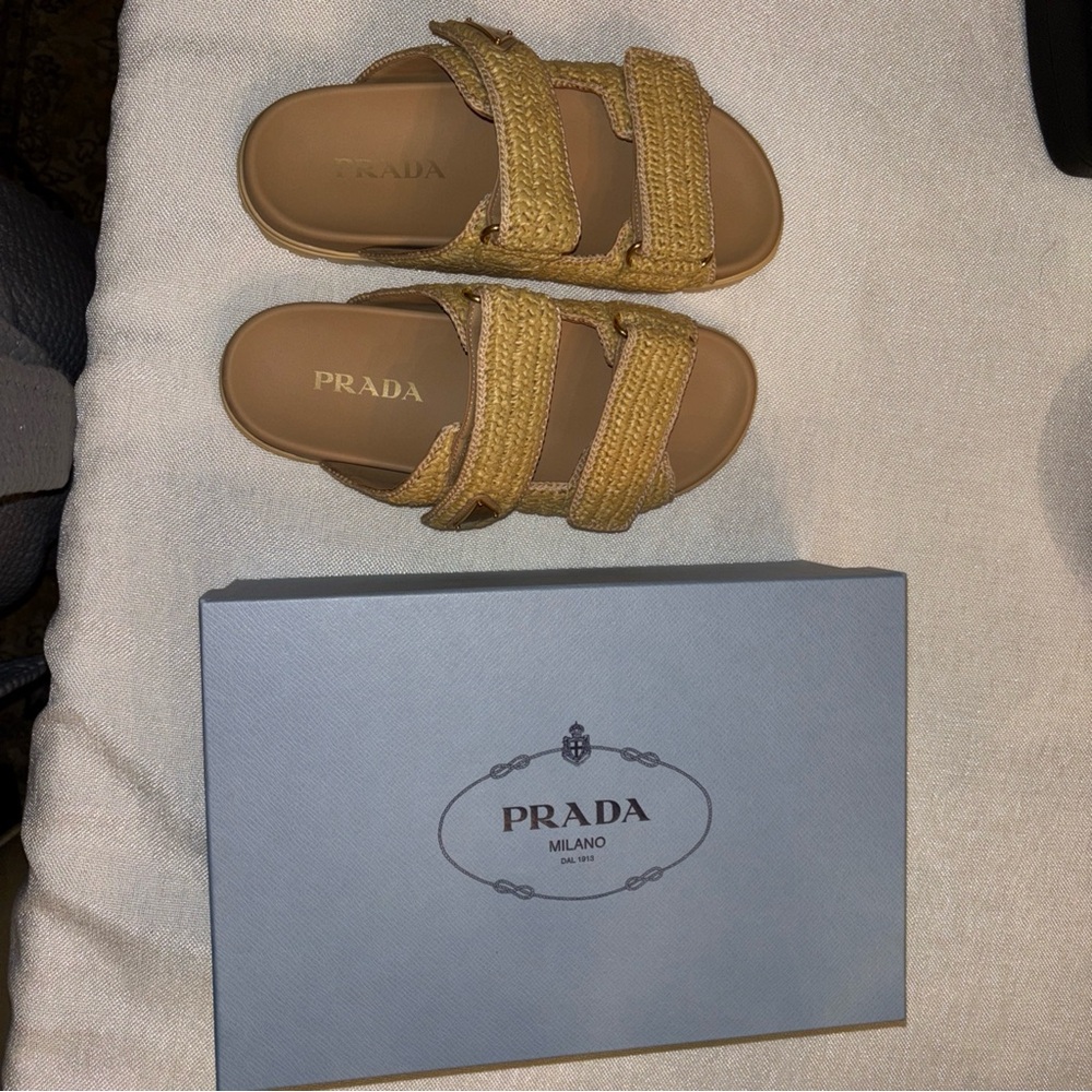Authentic Prada Fussbett Raffia Double Band Slide Sandal Natural New 9 US 39 EU - Picture 7 of 13